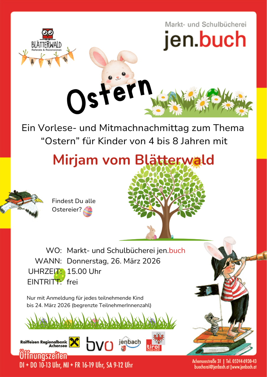 Plakat zur Osterlesung mit Mirjam vom Blätterwald