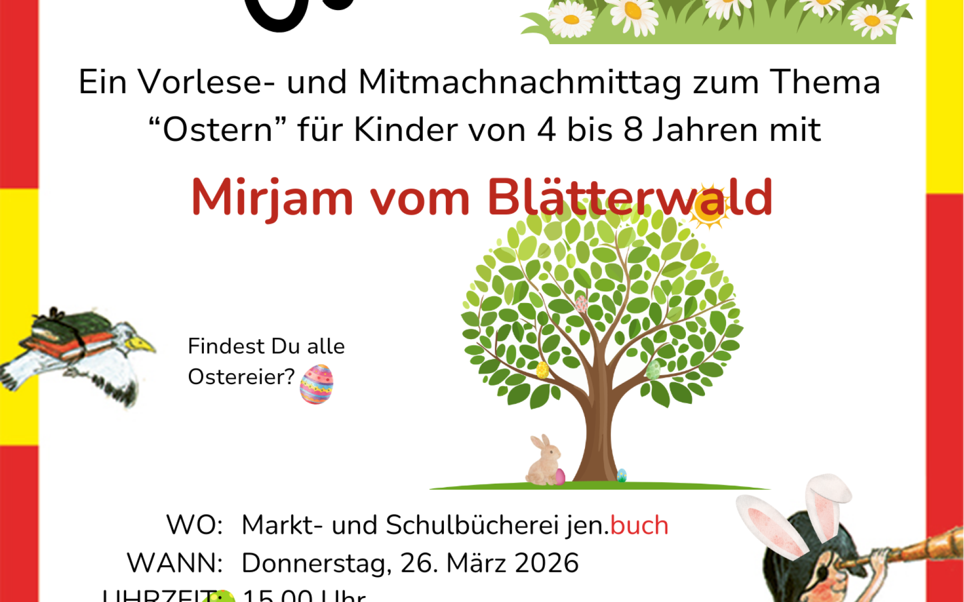 Plakat zur Osterlesung mit Mirjam vom Blätterwald